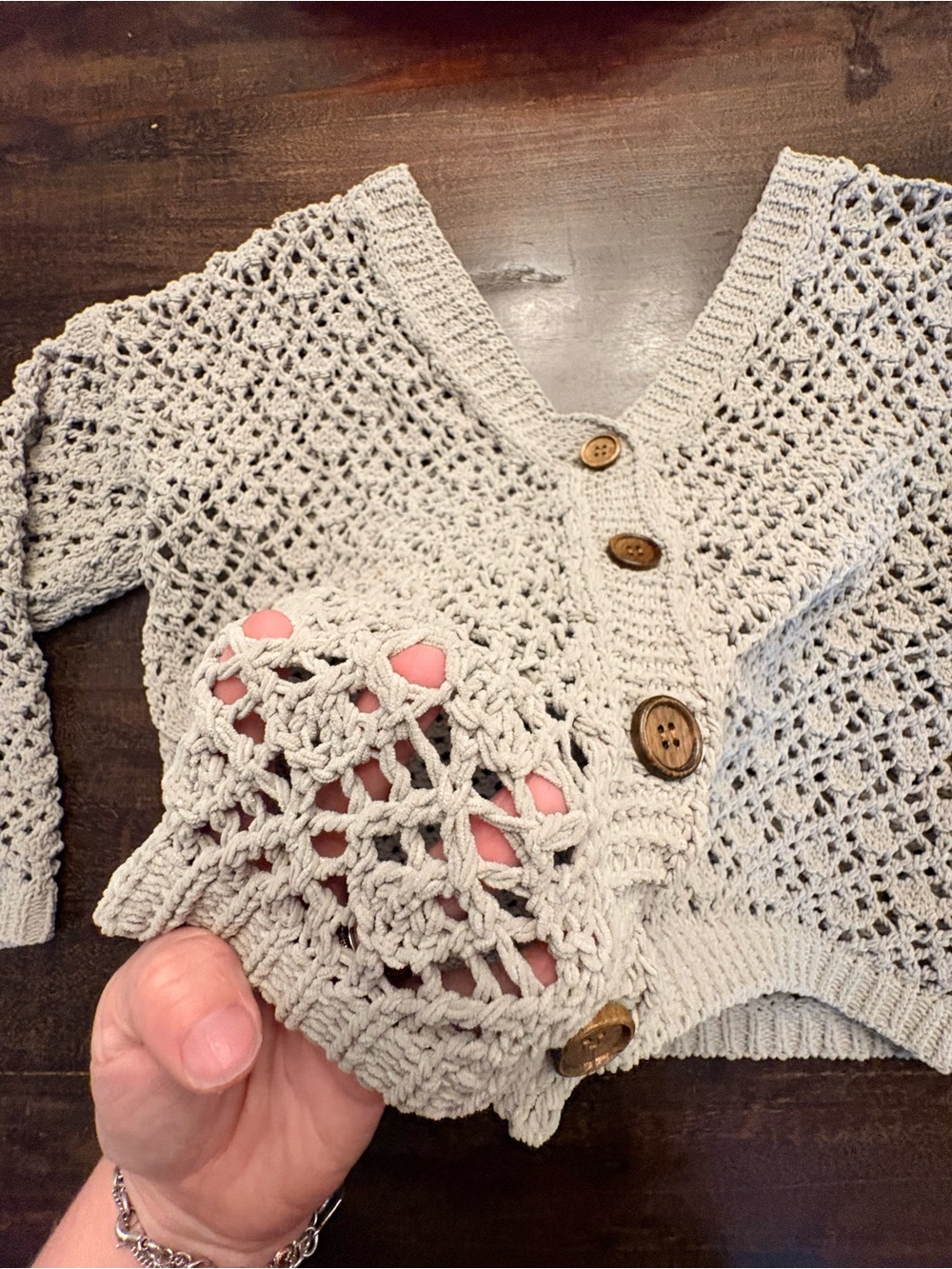 Nicole Miller Artelier Crochet Knit Button Front Grey Cardigan Boho Chic large - Picture 3 of 6